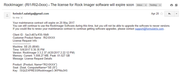Rock Imager licensing email notification