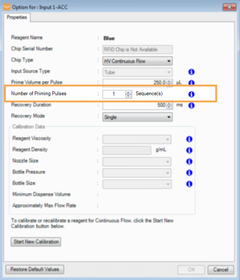 Defining the Priming Sequences in the Option for: Input Settings