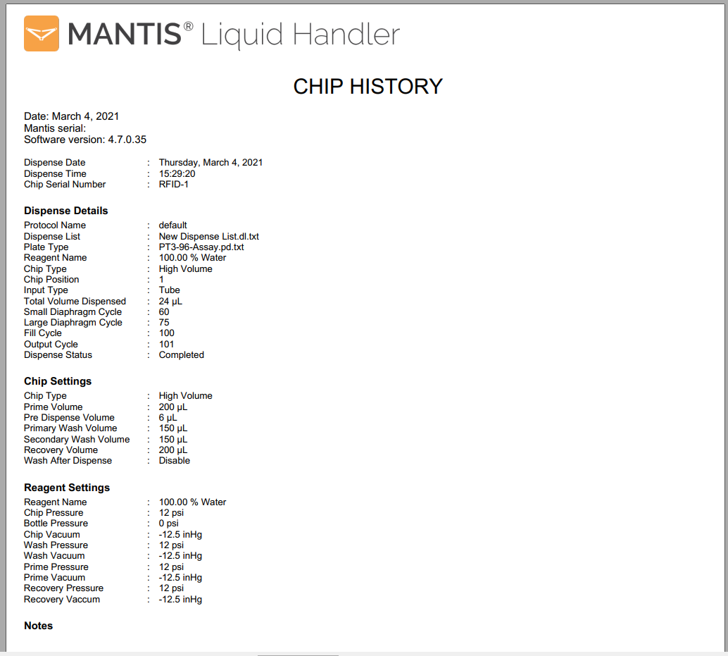 Sample of MANTIS Chip Log History in PDF FIle